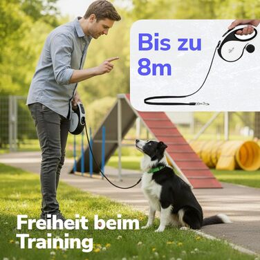 Рулетка для собак 8 м з тримачем для відходів – міцна витяжна повідка для маленьких, середніх та великих собак – повідка з нейлоновим шнуром 360°, антиковзний руків'я та кнопка швидкого гальмування 8 м