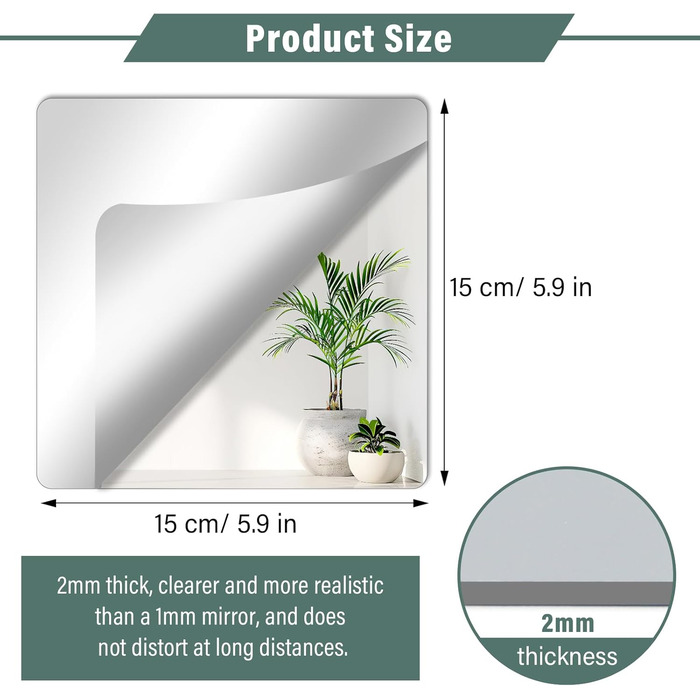 Клейкі дзеркала 10 шт., 20x20 см, 2 мм акрил, самоклеючі дзеркала для ванної, вітальні, спальні, шафи