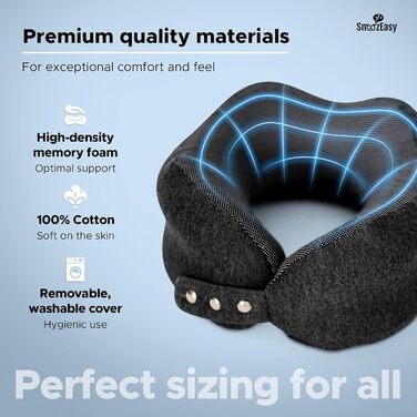 Подушка для шиї SnoozEasy™ для дорослих | Подушка для подорожей на літаку з memory foam | Регульована подушка з маскою для очей, навушниками, сумкою та карабіном | Бренд UK
