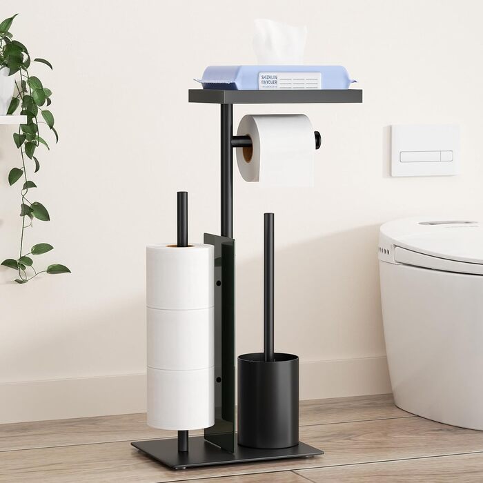 Тримач туалетного паперу з щіткою для унітазу, чорний матовий (з контейнером для серветок та скляною полицею)