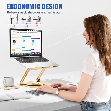 Adjustable Laptop Stand for Desk - 360° Rotating Base, Foldable & Portable - Fits 10-17 Inch Laptops (Gold)