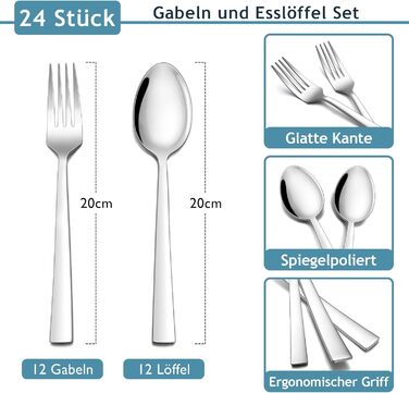 Набір столових приборів Herogo на 6 осіб (36 предметів) з нержавіючої сталі, з ножем для стейку, для дому/ресторану, придатний для миття в посудомийній машині (квадратний)