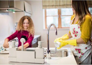 Dish Soap and Hand Soap Dispenser Kitchen Set with Sponge Holder and Brush, Dish Soap Dispenser Kitchen Black, Soap and Dish Soap Dispenser Set Kitchen Gadget Sink Organizer with Soap Dispenser (Beige, 4 in 1)