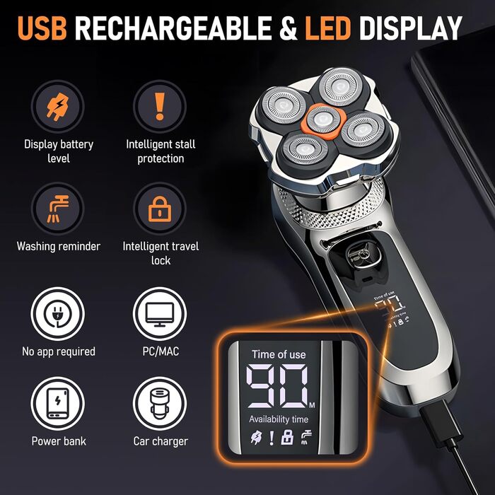 Електричний гоління для чоловіків Glatzen 6-в-1 з тримером для носа, для сухого та вологого гоління, USB-C, LED дисплей, IPX6