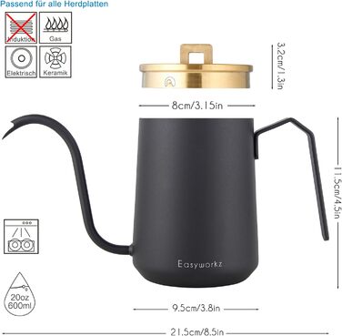 Easyworkz Swan Neck Pouring Kettle 600ml Stainless Steel Hand Drip Coffee Pot with Long Narrow Spout, Brushed Gold Black