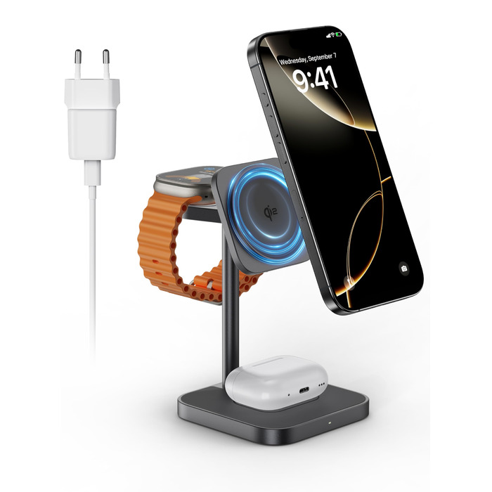LULULOOK Qi2 Магсейф Зарядна Станція 3 в 1 з Алюмінію для Apple Watch та iPhone, 15W Швидка Зарядка (17 Pro Max/17 Pro/17 Air/17), 5W для Apple Watch Ultra, AirPods, Титан (Сірий)