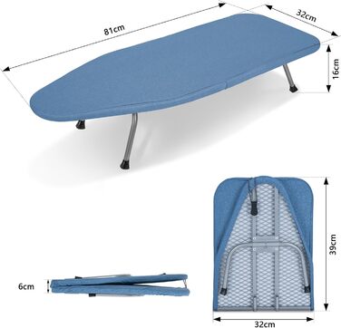 Відкидна прасувальна дошка з підставкою для праски, регульована по висоті, з антиковзними ніжками, компактна (Блакитна, 81 x 32 x 16 см)