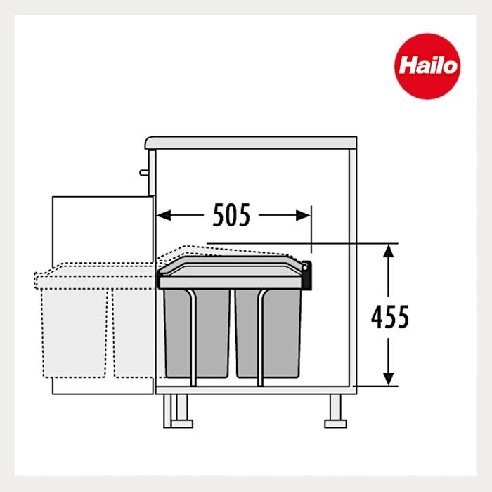 Відро для сміття Hailo Tandem 3650103 | Вбудований контейнер для сміття 2 секції, 50 мішків, для шаф від 300 мм, зручний висувний механізм, срібно-антрацитовий колір