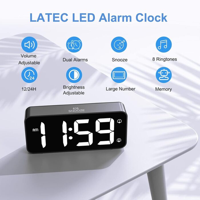 LED-годинник LATEC з двома будильниками, USB-порт для зарядки, регулювання яскравості, гучність 90-120 дБ, 8 мелодій, 12/24 год, чорний