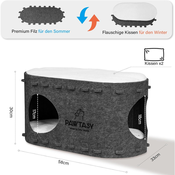 Cat Cave Felt Cat Bed, Cave Cat House for Indoor Cats, Cave with 2 Soft and Warm Cushions, Winter-Proof, Protects Cat Claws, 58W x 33D x 30H cm, (Dark Grey)