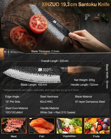 Ніж Сантоку XINZUO Damaststahl 19,3 см - професійний кухонний ніж з дамаської сталі, серія Mo, ергономічна ручка з білого дуба