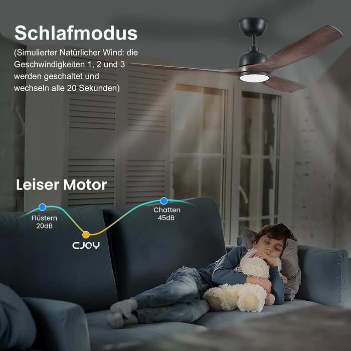Стеляний вентилятор CJOY з підсвічуванням, 107 см, з пультом керування, тихий, DC, реверсивний, пам'ять 3CCT, диммування, 6 швидкостей, таймер для спальні (132 см - чорне дерево)