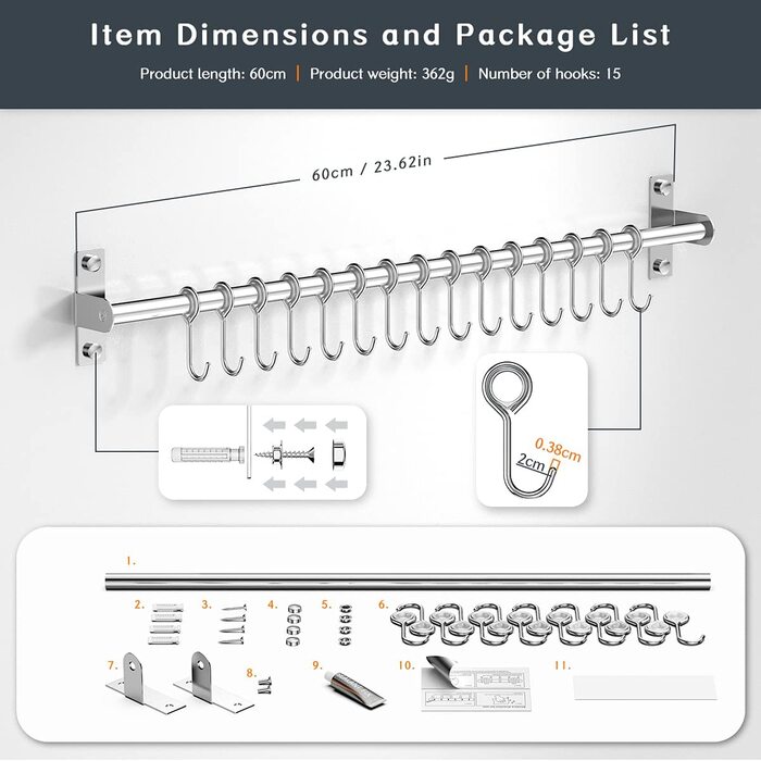 Booxihome Kitchen Rail Stainless Steel Hanging Rail Kitchen Utensil Holder Rustproof Pan Holder Cup Holder with 15 Hooks for Kitchen Aids Cooking Accessories Kitchen Utensils (60cm)…