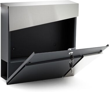 Поштовий ящик Wiltec Designer V24 антрацит/нержавіюча сталь 370x105x370 мм, настінний, з замком, оглядовим вікном та тримачем для газет