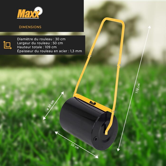 MaxxGarden Fillable Lawn Roller - Fillable garden roller with sand or water - Up to 50L - Lawn roller for lawns - 50cm x 32cm - Roller for leveling and pressing seeds - Size M - Black/Yellow