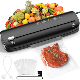 Вакуумний апарат 5 в 1: багатофункціональний вакууматор з вбудованим різаком, вакуумний пакувальник sous vide з 10 пакетами та шлангом, фольгозваріння для продуктів харчування