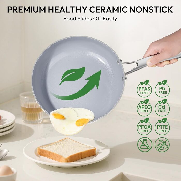 Набір посуду з керамічним покриттям 10 предметів – антипригарні каструлі та сковорідки зі скляними кришками, здорове приготування їжі, легко миються, підходить для індукційних плит та духовки, включає сковороду