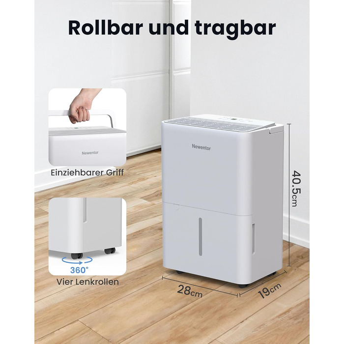 Електричний осушувач повітря Newentor 12L для підвалу, 35dB, з гофрованим шлангом 1м, для приміщень до 25м², 10 років гарантії, фільтр, таймер, продуктивність 24L/день