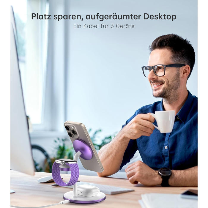 3-в-1 Індукційна Зарядка для Кілька Пристроїв, 15W MagSafe, iPhone 15/14, iWatch Ultra/Series 9/8, AirPods, Білий/Фіолетовий