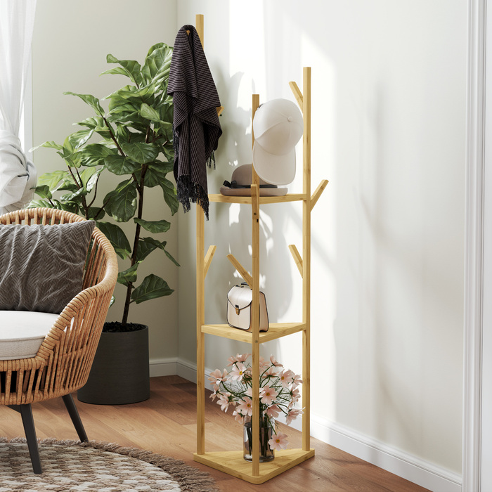 HOMCOM Coat Rack, Clothes Rack with 8 Hooks, 3 Tiers, Jacket Stand for Hats, Clothing, Entrance, Hallway, 45 x 45 x 170 cm, Bamboo, Natural | Aosom