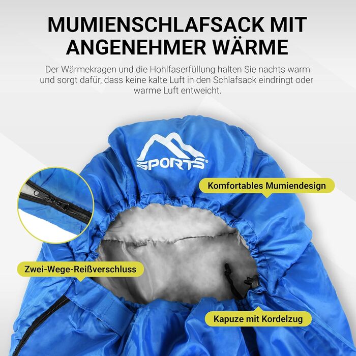 Спальний мішок MSports Premium Outdoor з ременем для перенесення - вибір на весну/літо (200GSM) або осінь/зима (300GSM) для кемпінгу, подорожей, фестивалів - теплий спальник-кокон оливкового кольору (Королівський блакитний, 200 GSM - весна/літо)