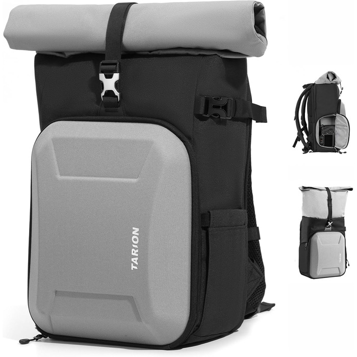 Рюкзак для камери Tarion Rolltop: професійний фоторюкзак з жорсткою оболонкою, відділенням для 16-дюймового ноутбука, сумісний з DSLR/SLR камерами, об'єктивами та штативом (сірий)