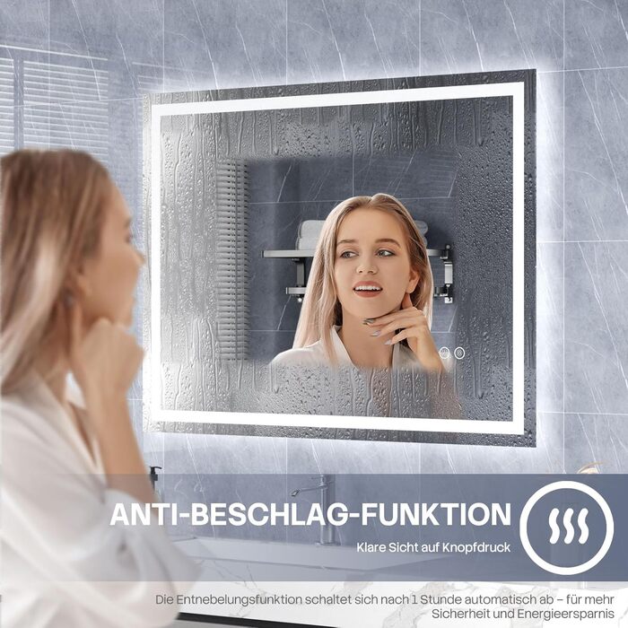 Дзеркало для ванної кімнати HySail з підсвічуванням, 5 мм, висока роздільна здатність, срібне скло, 3 колірні температури, регульована яскравість, сенсорний вимикач, антизапарник, 80 x 60 см