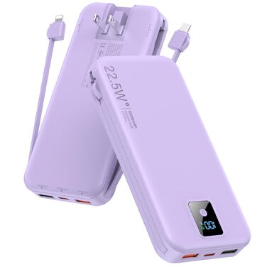 Ультрапортативний зовнішній акумулятор Power Bank 12000 mAh з вбудованим кабелем та мережевою вилкою AC, швидка зарядка SCP 22.5W та PD 20W USB-C, LED-дисплей, для iPhone та Samsung