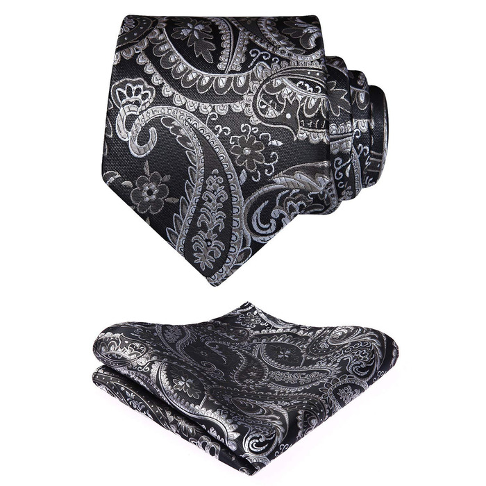 HISDERN Комплект краватки та нагрудного хустинки для чоловіків на весілля, патерн пейслі, жаккард, однотонні кольори (J-сірий-3)