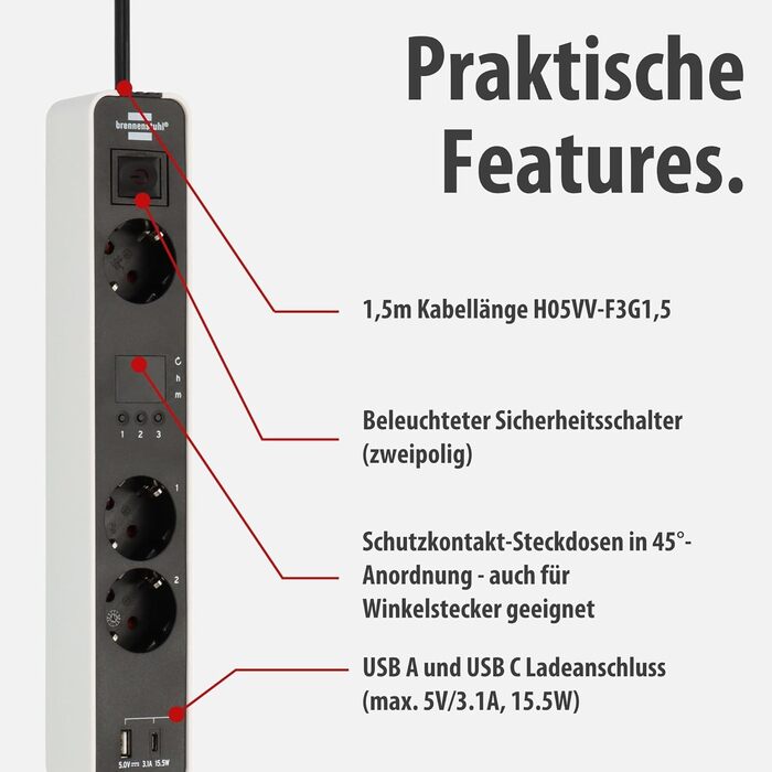 Смуга розеток Brennenstuhl Ecolor 4-fach з USB (білий/чорний) з вимикачем, 1.5м кабель, 3 розетки, 2 USB-порти (A+C)