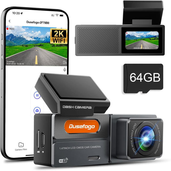 Відеореєстратор Auto Dashcam 2K з Wi-Fi, 64GB, Super Нічне Бачення, 170° Широкий Кут, G-сенсор, Циклічна Запис, IPS-дисплей, 24h Паркінг з Детектором Руху