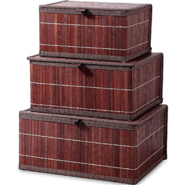 Honeycomb Storage Basket with Lid, Woven - Bamboo Decor Storage Boxes, Set of 3 Rattan Basket with Lid, Woven Fabric Insert for Bathroom, Kitchen, Shelf Organization (Large/Medium/Small) (Retro Brown)