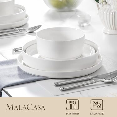MALACASA, Leah Series, Dinnerware Set for 4 People, 12-Piece Porcelain Tableware Set Combination Set White, Dishware with Raised Edge consisting of 4x Dinner Plates, 4x Dessert Plates, 4x Cereal Bowls White, 12-Piece