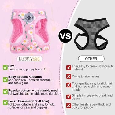 Нашийник та поводок для собак та котів BEAUTYZOO, м'яка сітка, світловідбиваючий, для дрібних та середніх цуценят, в клітинку, XS/S, (Medium(41-46см обхват грудей), Рожевий)