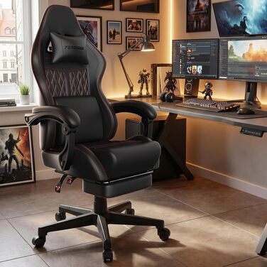 Ергономічне ігрове крісло Gaming Stuhl з підставкою для ніг, регульованою спинкою (90–135°), поперековою та підголівником, офісне комп'ютерне крісло геймера (Чорне)