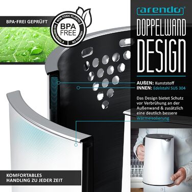 Набір чайник та тостер Arendo Edelstahl Schwarz, Чайник 1.5л з регулюванням температури, Тостер на 2 тости з LED-дисплеєм