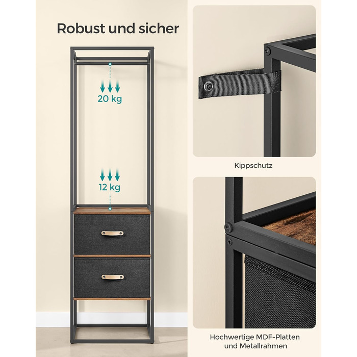 SONGMICS Clothes Rack, Open Wardrobe, Sturdy Coat Rack with 1 Extendable Rod, 2 Drawers, 4 Shelves, for Bedroom, Space-Saving, RGR003W67 (Vintage Brown)