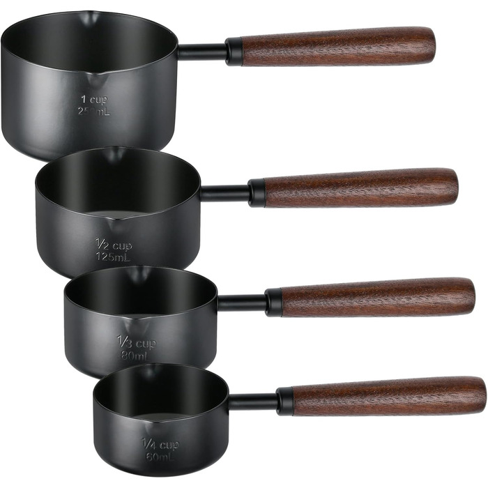 Measuring cup with wooden handle, black stainless steel measuring cup set, dog food scoop for kitchen, flour, spices, measuring, cooking (1, 1/2, 1/3, 1/4 cup)