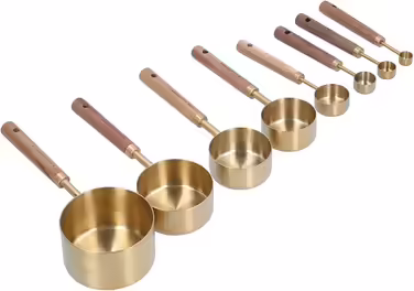 8-Piece Measuring Cup and Spoon Set, Stainless Steel Measuring Cups with Wooden Handle, Bartender Scale, Measuring Spoons, Baking Tool for Food, Spices, Milk