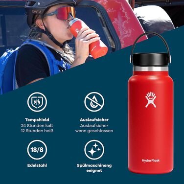 HYDRO FLASK - 1180ml (40oz) Water Bottle - Insulated Stainless Steel Water Bottle - Sports Bottle with Leakproof Flex Cap Lid & Strap - Dishwasher Safe Thermos Bottle - Wide Mouth Opening - (Flex Cap, Berry)