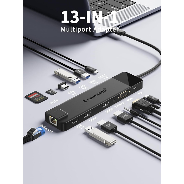 Док-станція USB-C хаб 13-в-1 з підтримкою 2 моніторів 4K HDMI, VGA, Ethernet, USB 3.0/2.0, PD 100W, SD/TF, AUX для Windows/Mac/Dell/HP