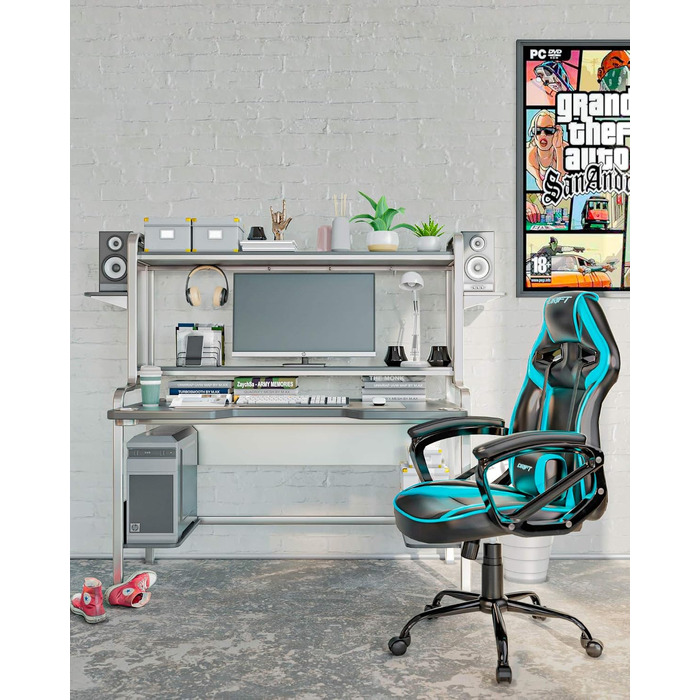 Ігрове крісло DRIFT GAMING DR50 (DR50BL) професійне, регулювання висоти, гойдання, м'які підлокітники, штучна шкіра, чорно-синє, 67x122-131x67 см
