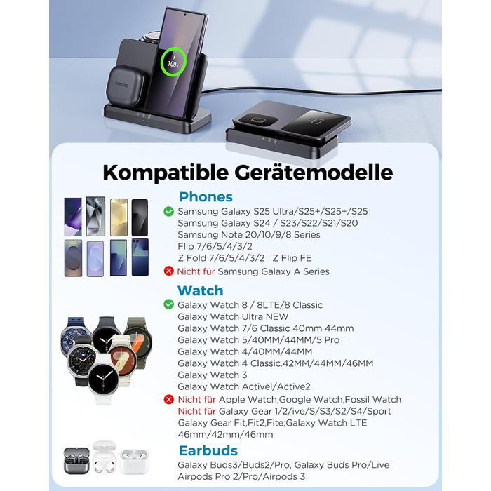 Бездротова зарядка EGV 3-в-1 для Samsung Galaxy S25 Ultra/S24/S23, Z Fold/Flip 7/6, Buds, Watch Ultra/8/7, знімний адаптер, чорний