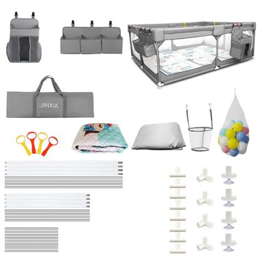 JINXIA Playpen Baby 190x150cm, Baby Safety Gate with Breathable Mesh and Mattress, Extra Large Playpen for Babies and Toddlers, Robust Safety Play Yard for Indoor Fun, XXL, Grey 190×150cm