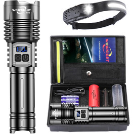 LED ліхтарик на акумуляторі 500000 люмен, 2 режими, USB-C, тактичний, потужний, регулювання яскравості, налобний, для активного відпочинку та надзвичайних ситуацій, Obsidianschwarz