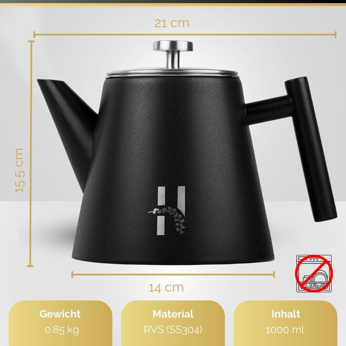 Hanamura Thermo Teapot with Infuser - Stainless Steel Teapot, Double-Walled and with Strainer - 1L - Black Metal Teapot - Insulated Thermos Modern Design