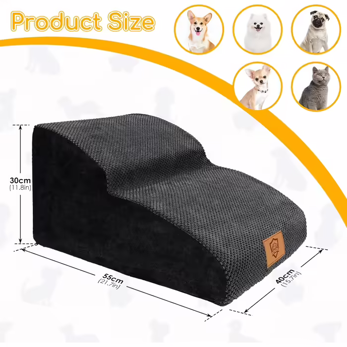 2-Step Dog Stairs, 40cm Cat Stairs with Washable Cover, Dog Stairs for Small Dogs, Pet Stairs for Dogs and Cats, Cat Stairs for Senior Cats, Black (2-Step Wide Dog Stairs Black)