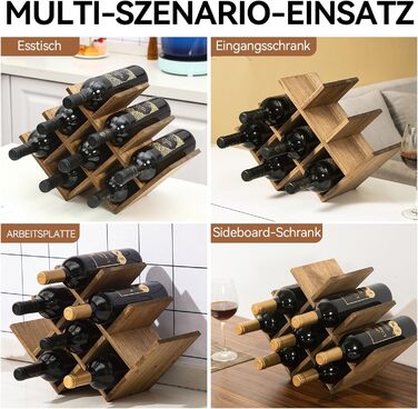 KIRIGEN Wooden 8-Bottle Wine Rack, 3-Tier Wooden Wine Display Rack, Stand and Countertop Wine Storage Rack, Bottle Holder & Glass Shelf for Cabinet. Yellow-Brown
