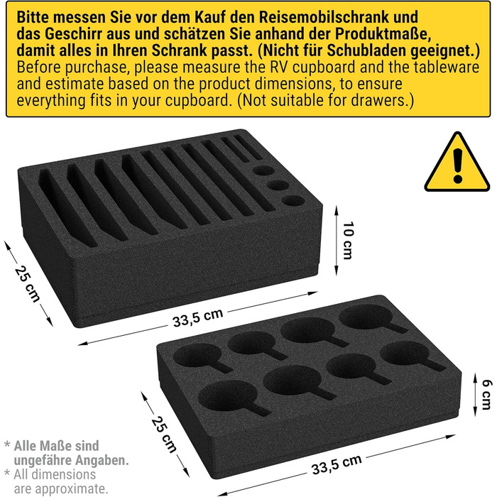 Polyurethane RV Dish Holder Cup Holder Set (without tableware) Dish rack for RVs, campers, boats, cutlery holder for 8 plates + 8 cups (compatible with multiple sizes), black