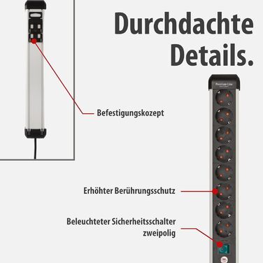 Мережевий фільтр Brennenstuhl Premium-Alu-Line на 8 розеток, 3м, алюмінієвий корпус з вимикачем, Made in Germany